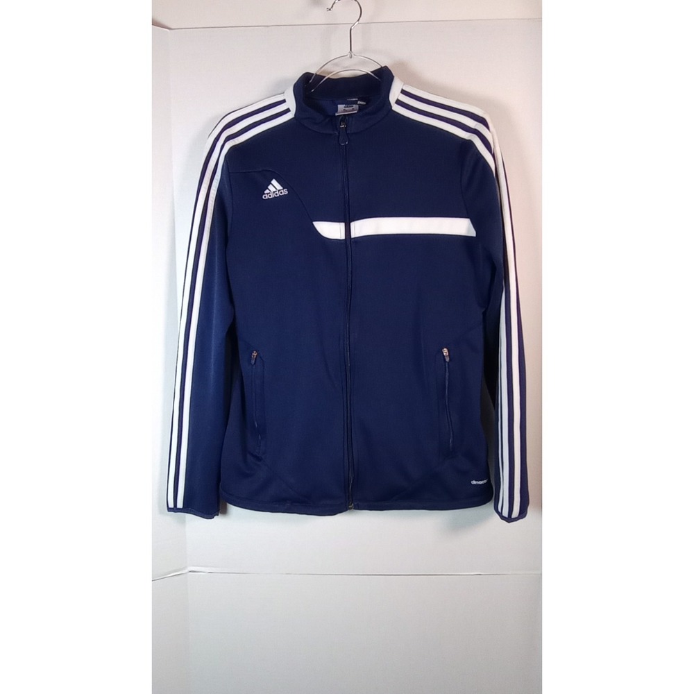 Adidas Women Sz Large Navy Blue L/S Zip Up Track Jacket Stripes Climacool